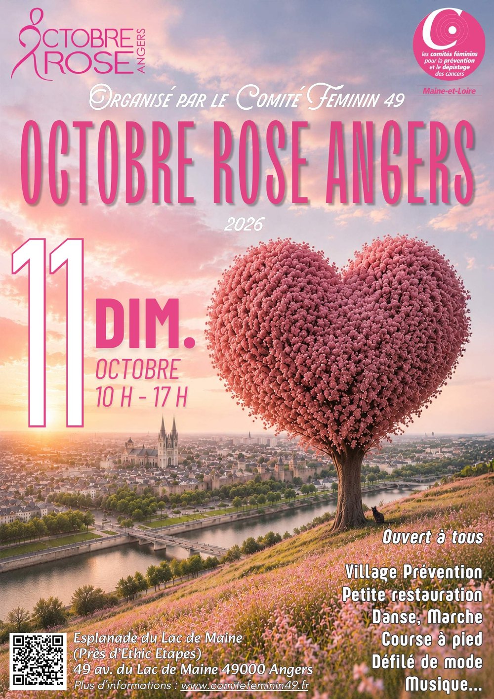 Affiche Octobre Rose Angers 2026, dimanche 11 octobre de 10 h à 17 h, esplanade du Lac de Maine à Angers