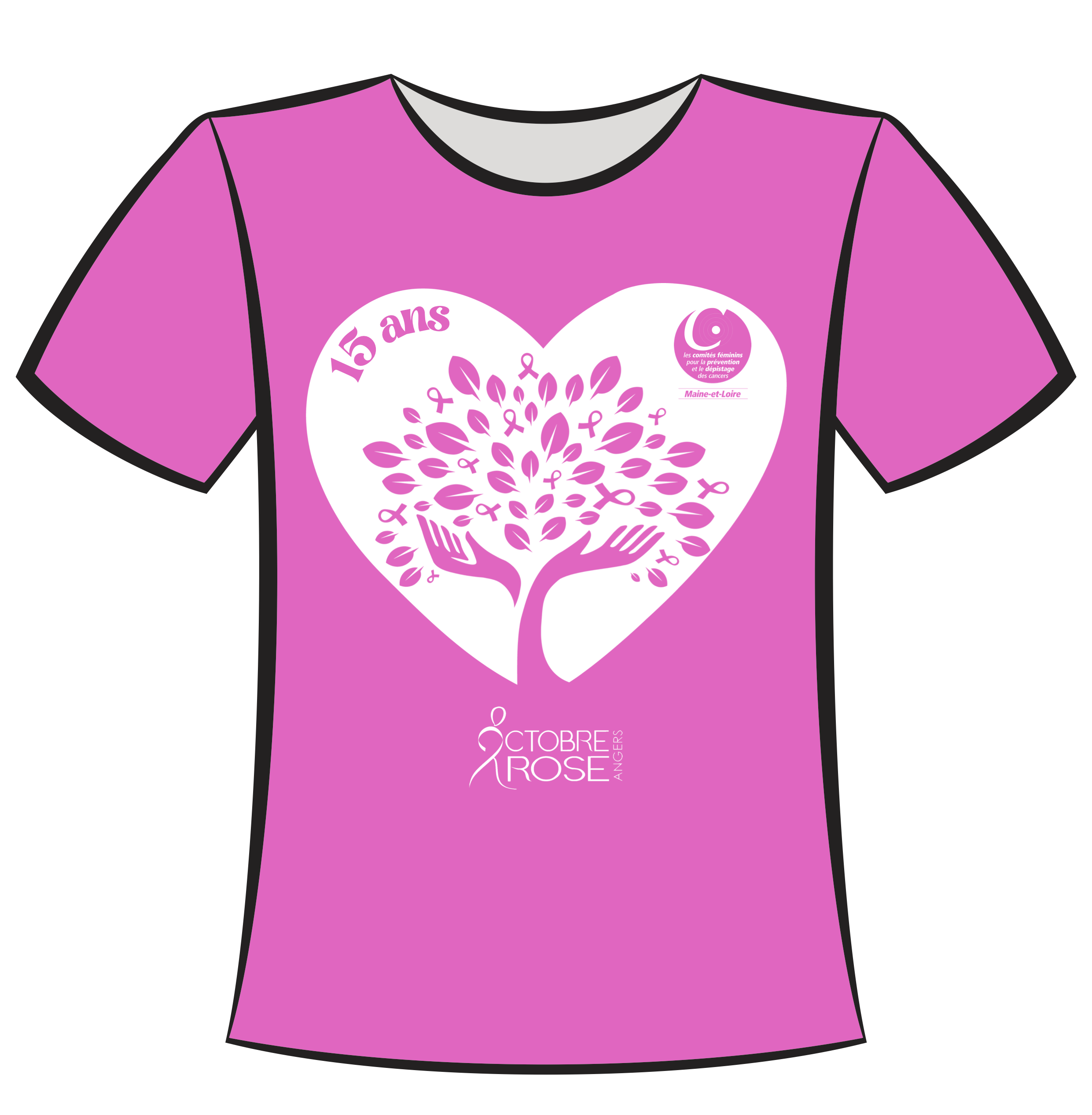 T-shirt rose Octobre Rose Angers 2026, floqué d'un cœur formé de mains et d'un arbre de rubans roses
